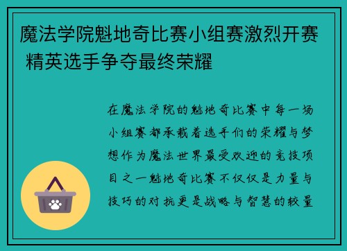 魔法学院魁地奇比赛小组赛激烈开赛 精英选手争夺最终荣耀