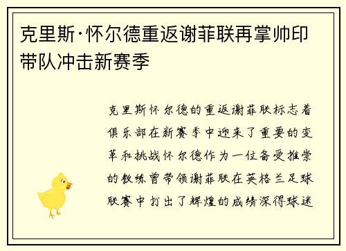 克里斯·怀尔德重返谢菲联再掌帅印带队冲击新赛季 克里斯·怀尔德重返谢菲联再掌帅印带队冲击新赛季