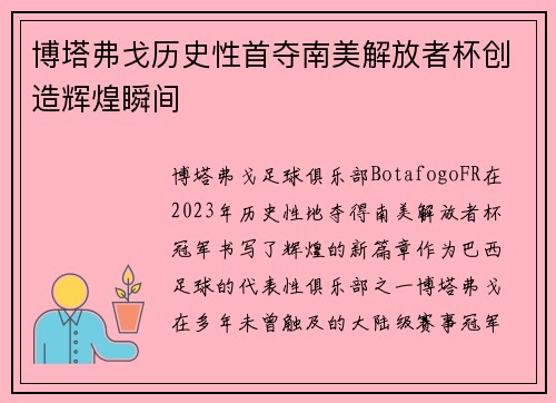 博塔弗戈历史性首夺南美解放者杯创造辉煌瞬间